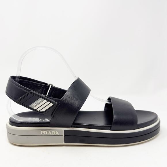 Prada Logo Embossed Rubber Trimmed Leather Sandals in Black - Picture 9 of 15